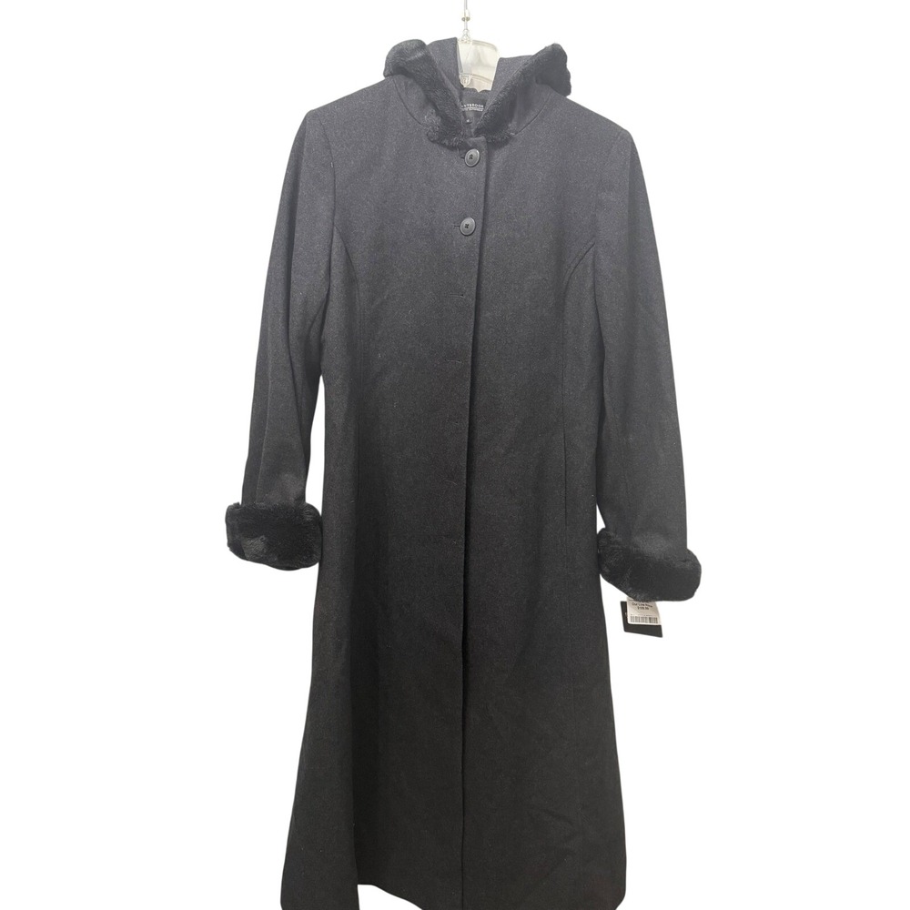 Donny Brook Faux Fur Trim Hooded Long Trench Coat Black Wool Blend 16 NWT